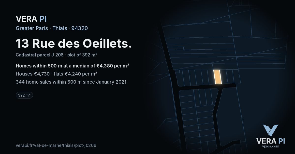 13 Rue des Oeillets, Thiais at night – the plot lit, the parcels around coloured by the prices near them