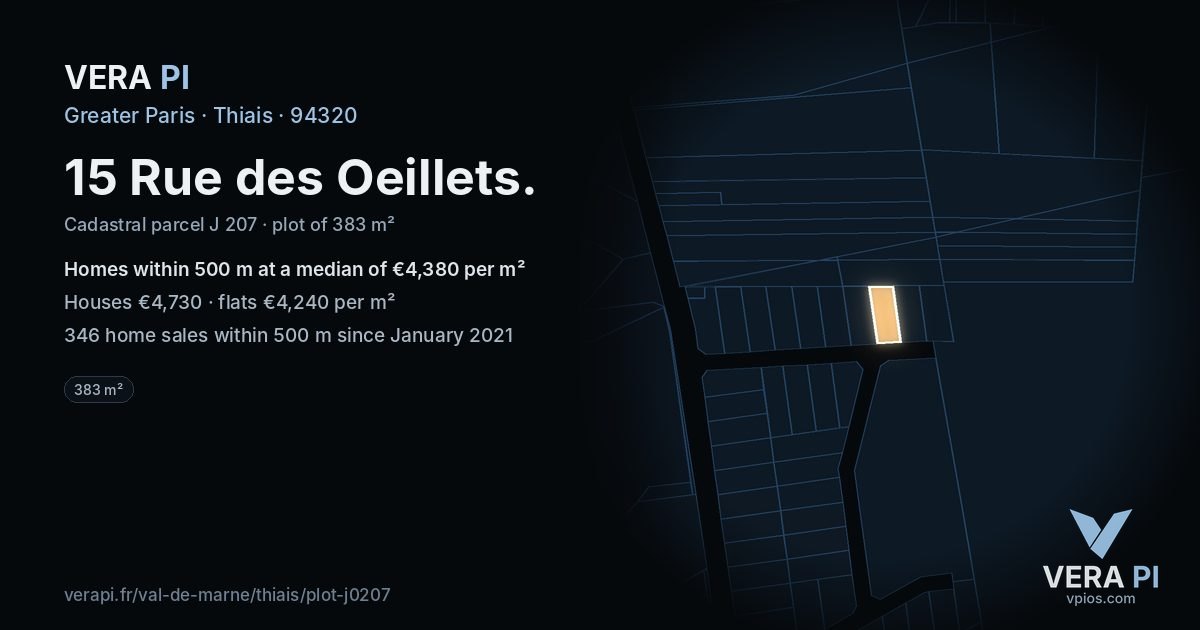 15 Rue des Oeillets, Thiais at night – the plot lit, the parcels around coloured by the prices near them
