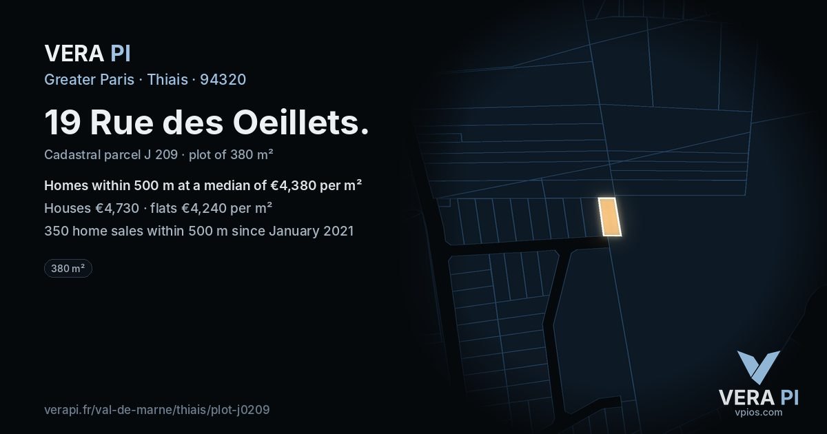 19 Rue des Oeillets, Thiais at night – the plot lit, the parcels around coloured by the prices near them