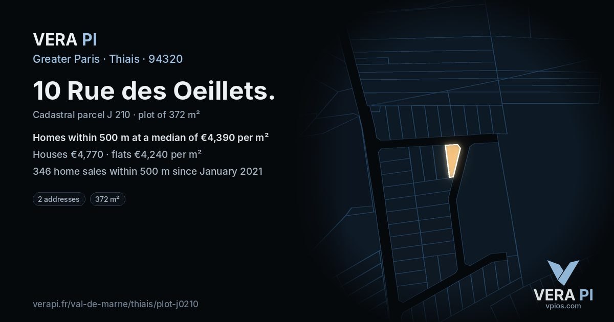 10 Rue des Oeillets, Thiais at night – the plot lit, the parcels around coloured by the prices near them