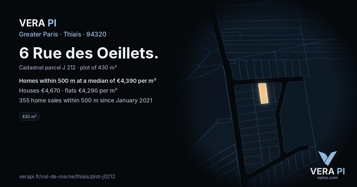 6 Rue des Oeillets, Thiais at night – the plot lit, the parcels around coloured by the prices near them