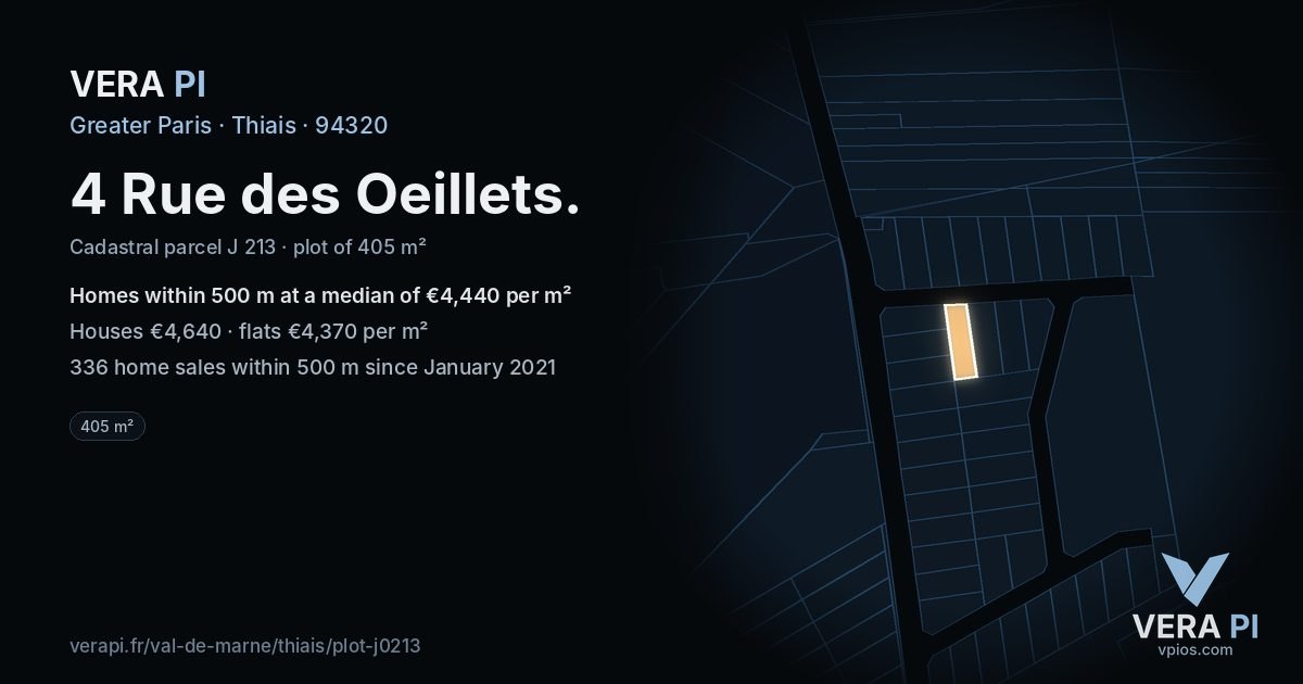 4 Rue des Oeillets, Thiais at night – the plot lit, the parcels around coloured by the prices near them