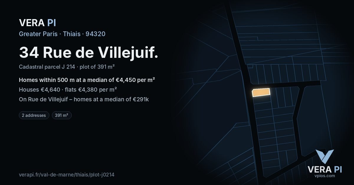 34 Rue de Villejuif, Thiais at night – the plot lit, the parcels around coloured by the prices near them