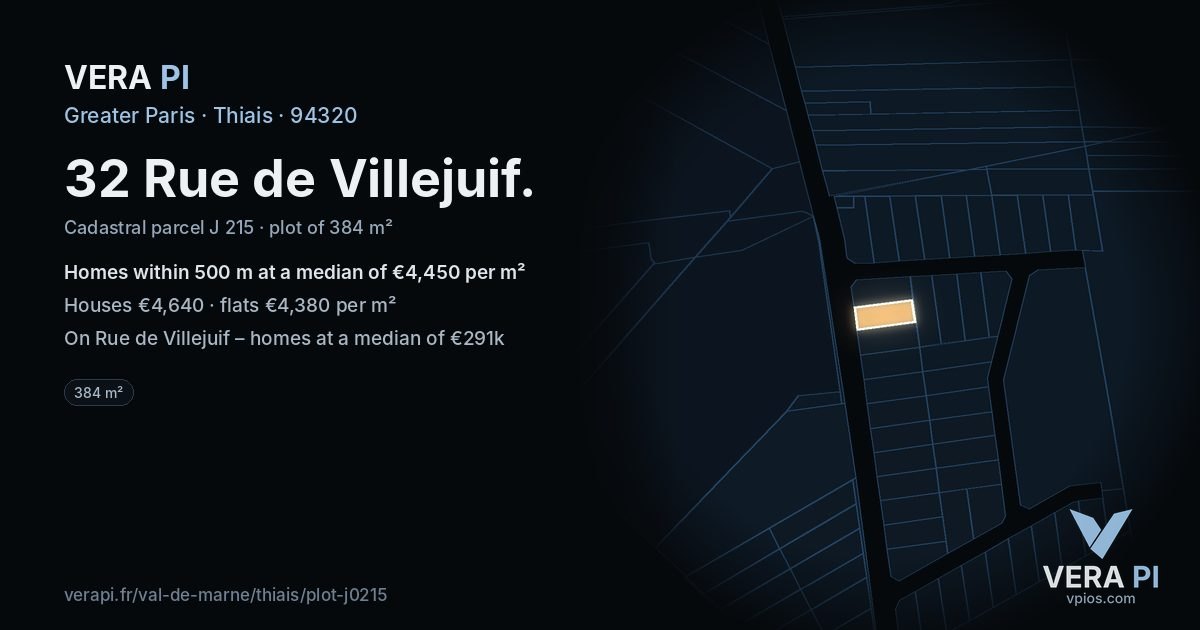 32 Rue de Villejuif, Thiais at night – the plot lit, the parcels around coloured by the prices near them