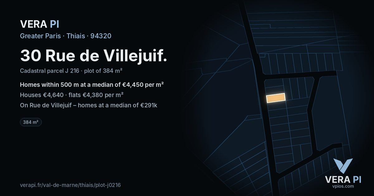 30 Rue de Villejuif, Thiais at night – the plot lit, the parcels around coloured by the prices near them