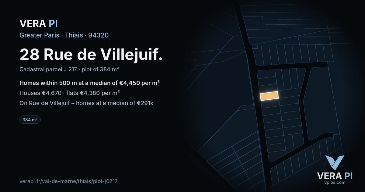 28 Rue de Villejuif, Thiais at night – the plot lit, the parcels around coloured by the prices near them