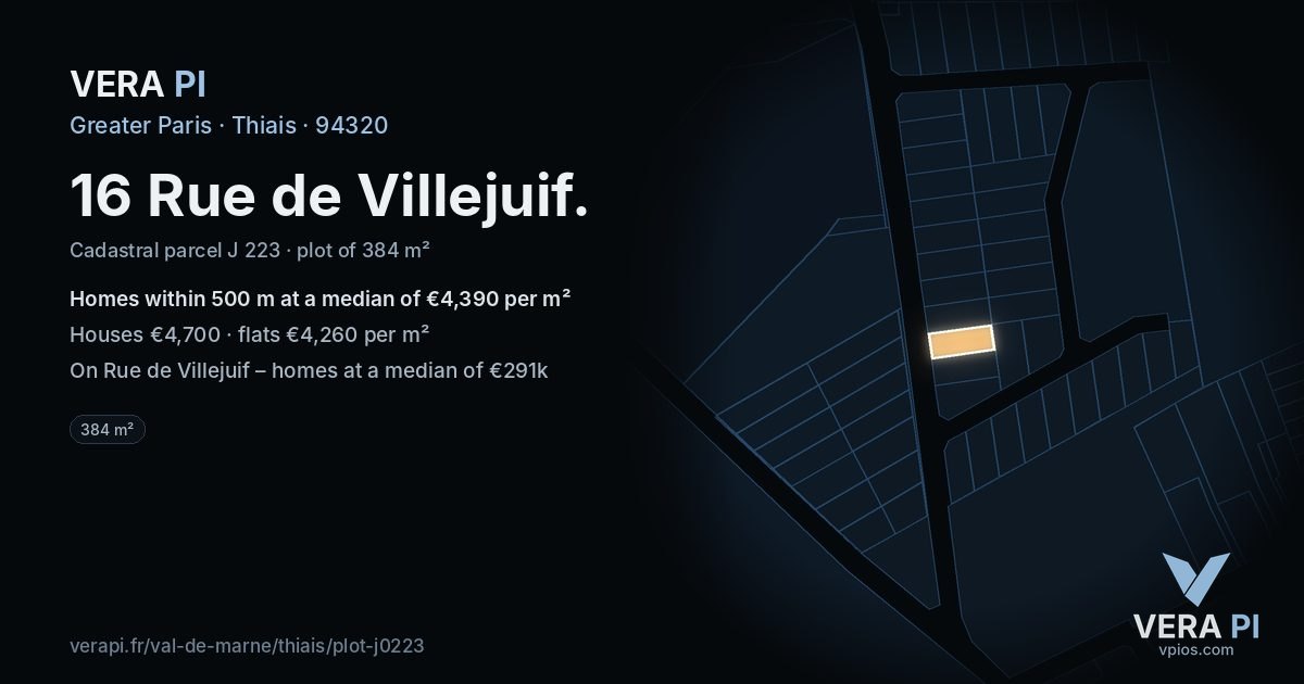 16 Rue de Villejuif, Thiais at night – the plot lit, the parcels around coloured by the prices near them