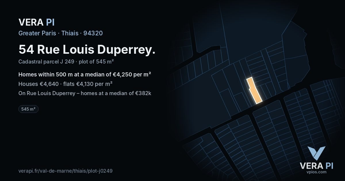 54 Rue Louis Duperrey, Thiais at night – the plot lit, the parcels around coloured by the prices near them