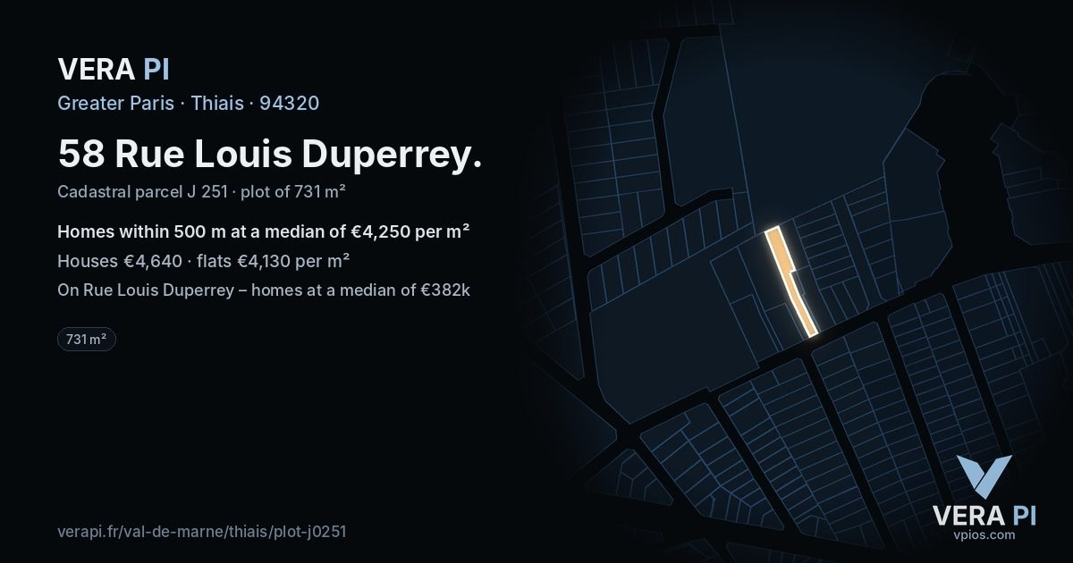 58 Rue Louis Duperrey, Thiais at night – the plot lit, the parcels around coloured by the prices near them