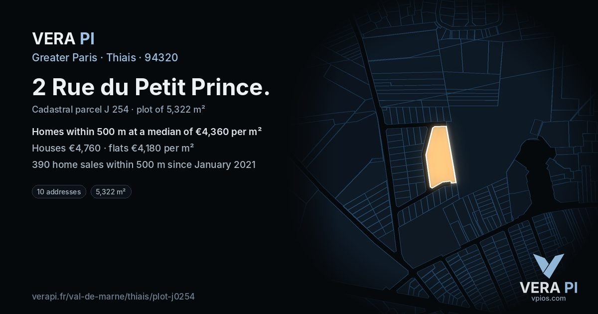 2 Rue du Petit Prince, Thiais at night – the plot lit, the parcels around coloured by the prices near them