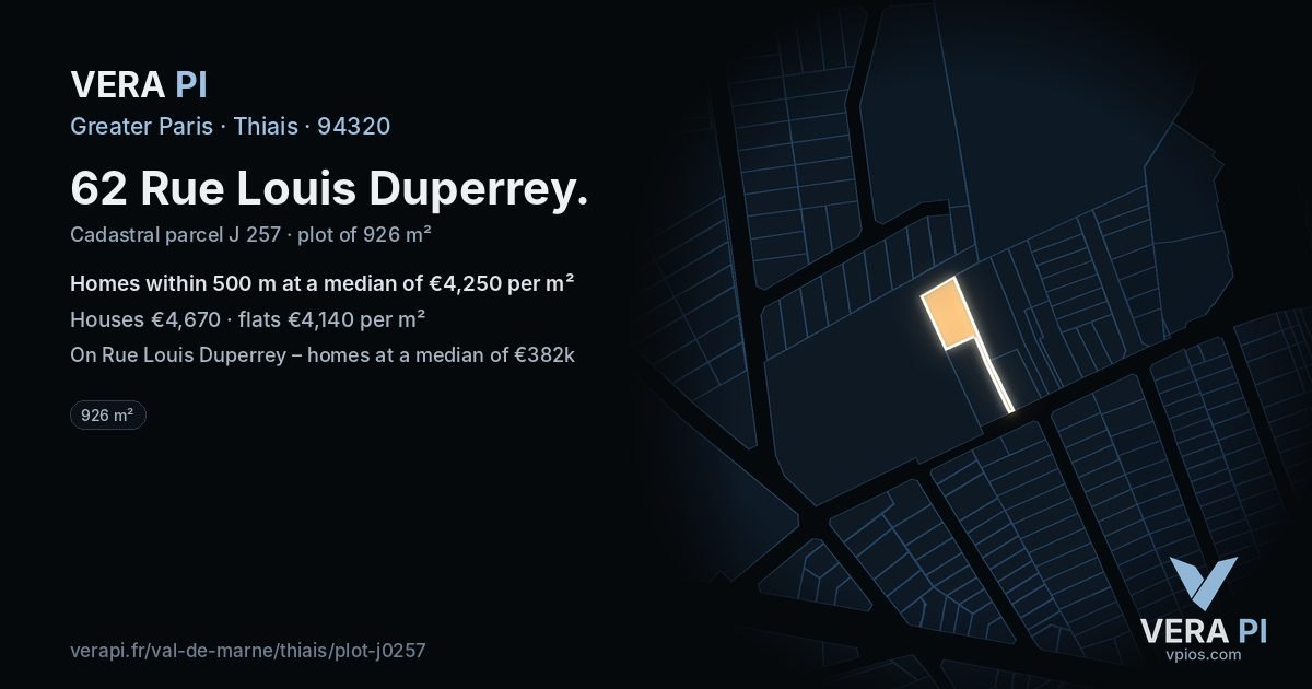 62 Rue Louis Duperrey, Thiais at night – the plot lit, the parcels around coloured by the prices near them