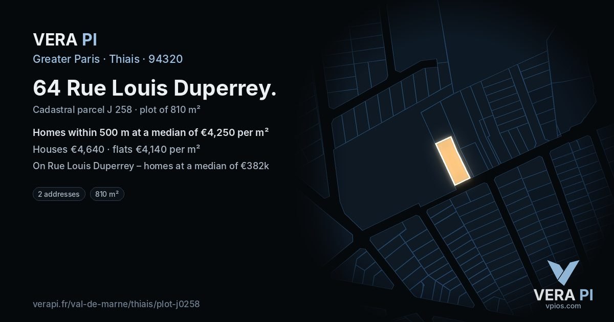 64 Rue Louis Duperrey, Thiais at night – the plot lit, the parcels around coloured by the prices near them