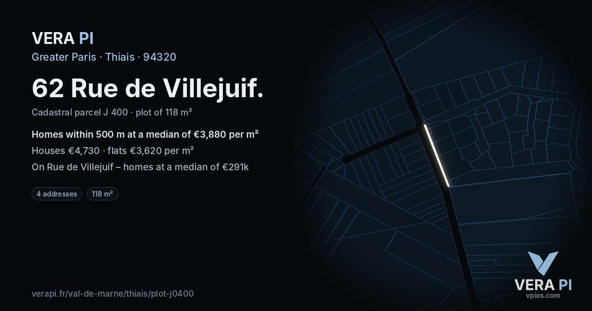 62 Rue de Villejuif, Thiais at night – the plot lit, the parcels around coloured by the prices near them