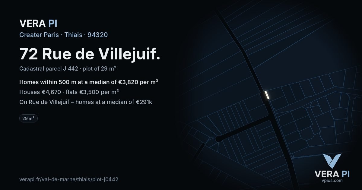 72 Rue de Villejuif, Thiais at night – the plot lit, the parcels around coloured by the prices near them
