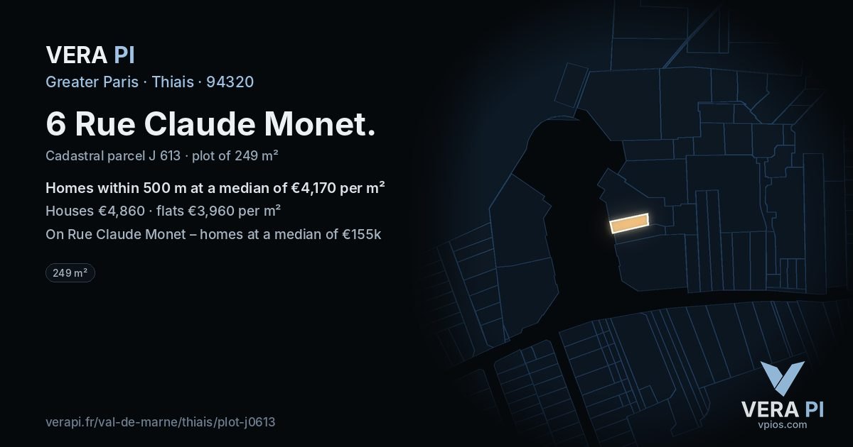6 Rue Claude Monet, Thiais at night – the plot lit, the parcels around coloured by the prices near them