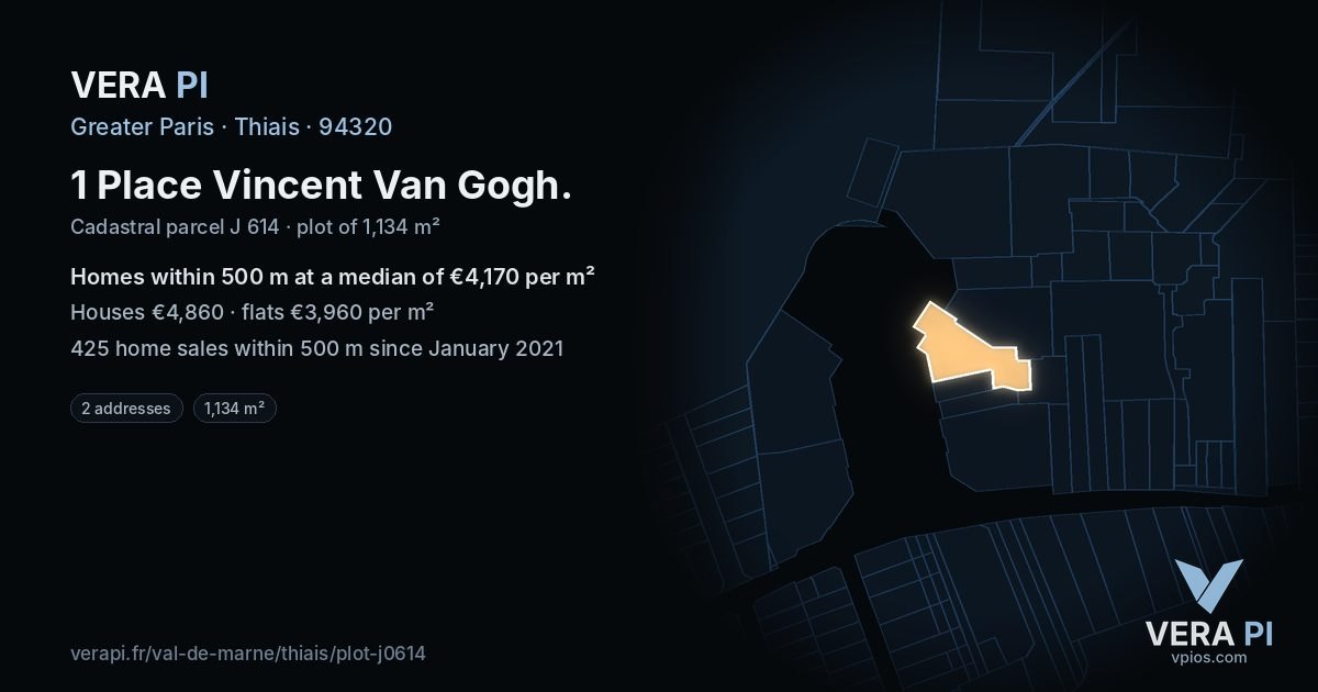 1 Place Vincent Van Gogh, Thiais at night – the plot lit, the parcels around coloured by the prices near them