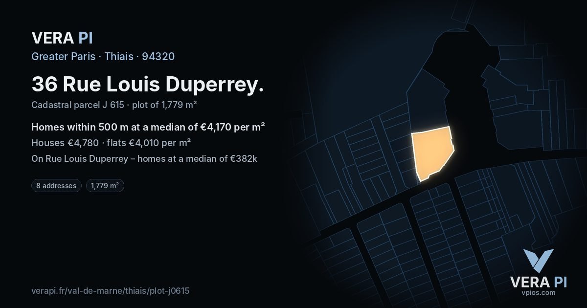 36 Rue Louis Duperrey, Thiais at night – the plot lit, the parcels around coloured by the prices near them