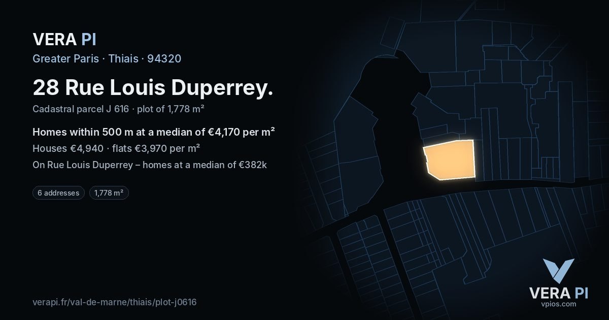 28 Rue Louis Duperrey, Thiais at night – the plot lit, the parcels around coloured by the prices near them