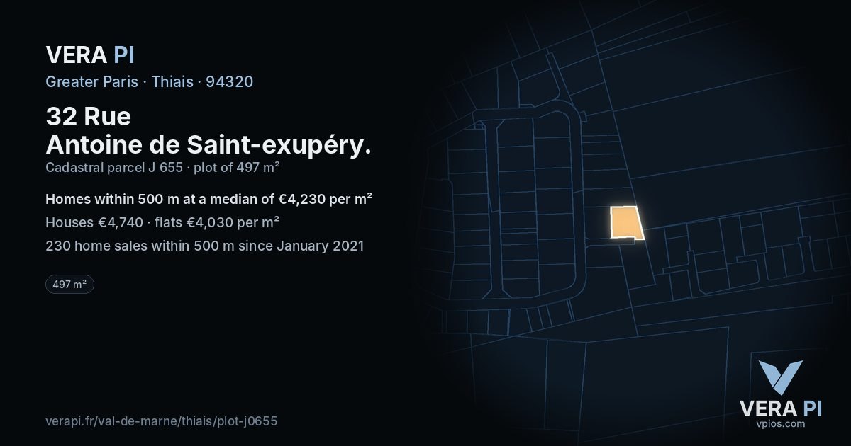 32 Rue Antoine de Saint-exupéry, Thiais at night – the plot lit, the parcels around coloured by the prices near them