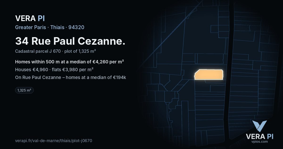 34 Rue Paul Cezanne, Thiais at night – the plot lit, the parcels around coloured by the prices near them