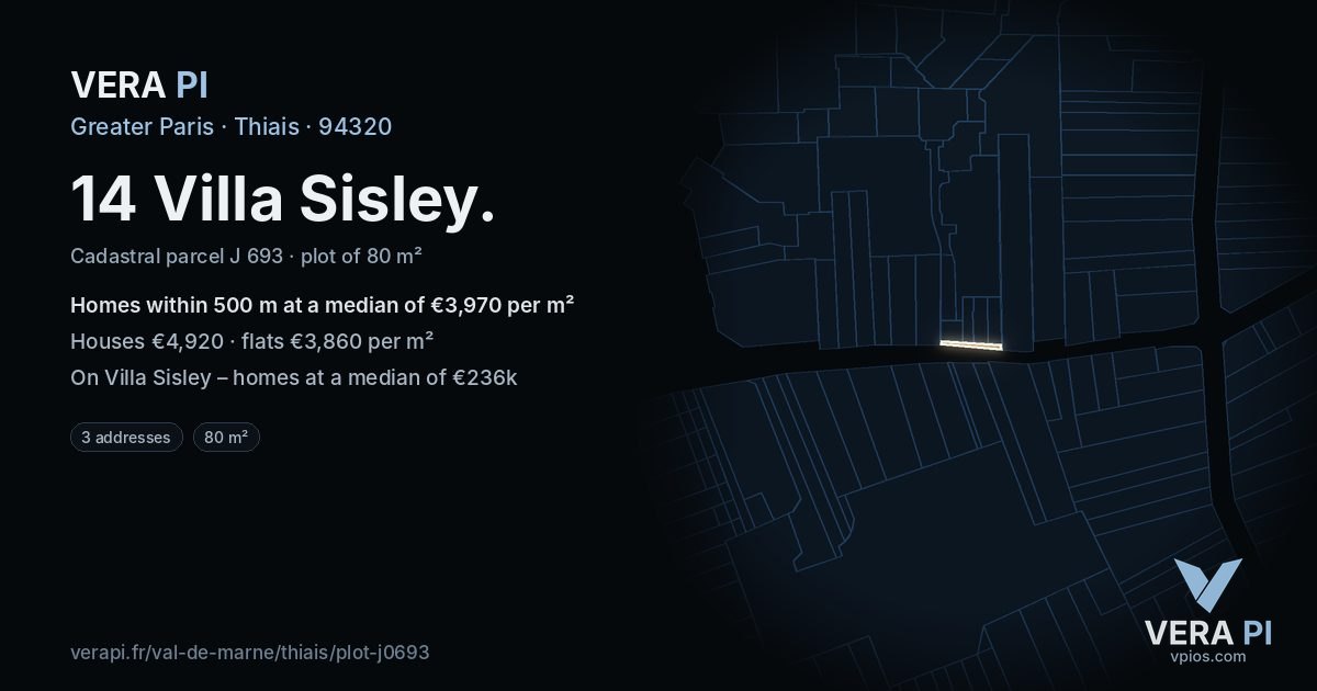 14 Villa Sisley, Thiais at night – the plot lit, the parcels around coloured by the prices near them
