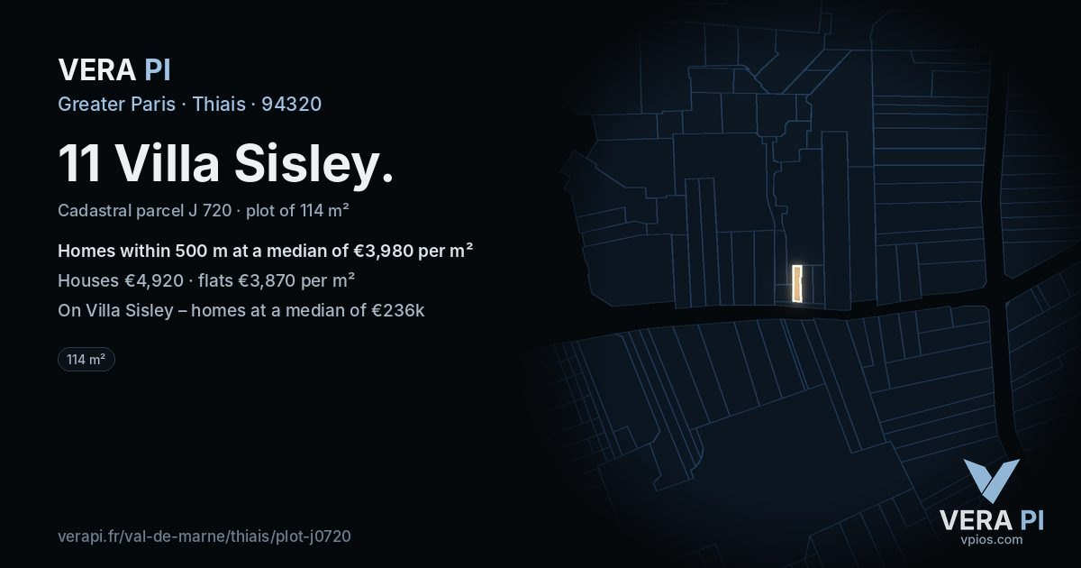 11 Villa Sisley, Thiais at night – the plot lit, the parcels around coloured by the prices near them