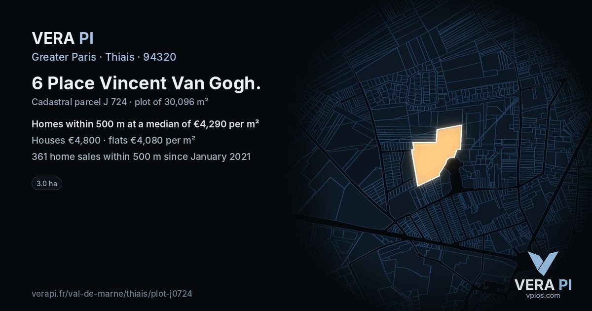 6 Place Vincent Van Gogh, Thiais at night – the plot lit, the parcels around coloured by the prices near them
