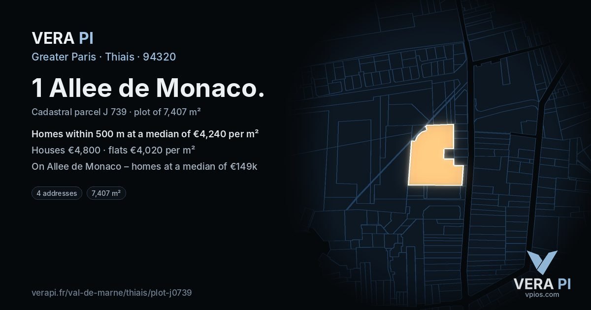 1 Allee de Monaco, Thiais at night – the plot lit, the parcels around coloured by the prices near them
