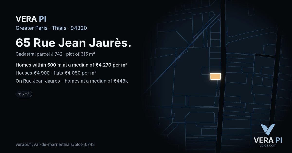 65 Rue Jean Jaurès, Thiais at night – the plot lit, the parcels around coloured by the prices near them