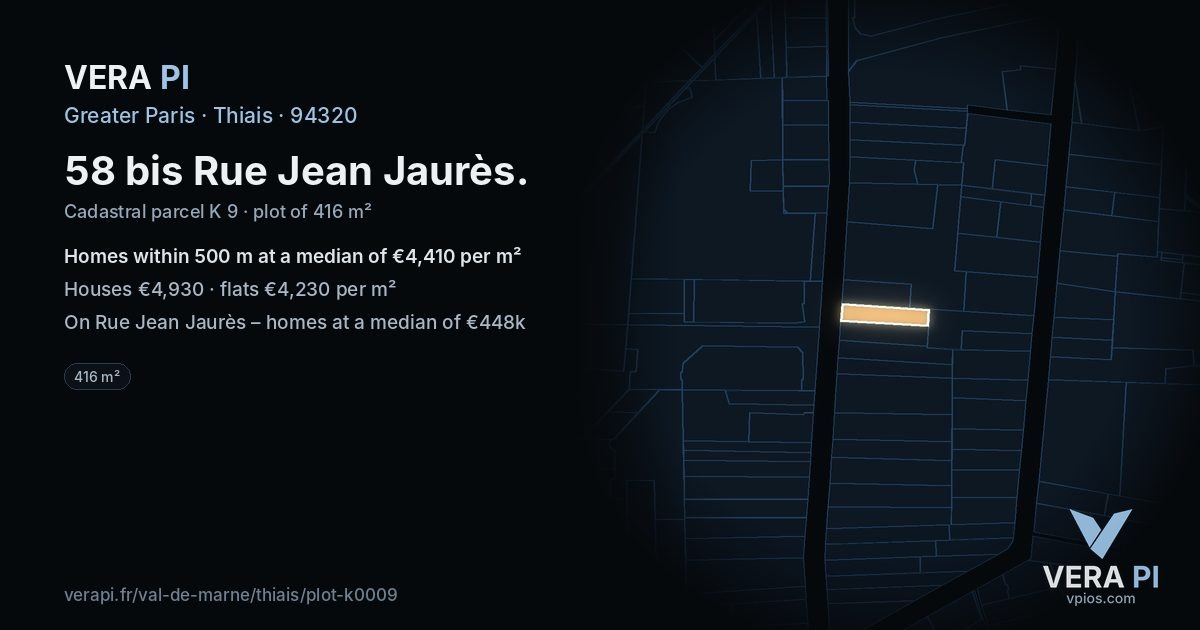 58 bis Rue Jean Jaurès, Thiais at night – the plot lit, the parcels around coloured by the prices near them