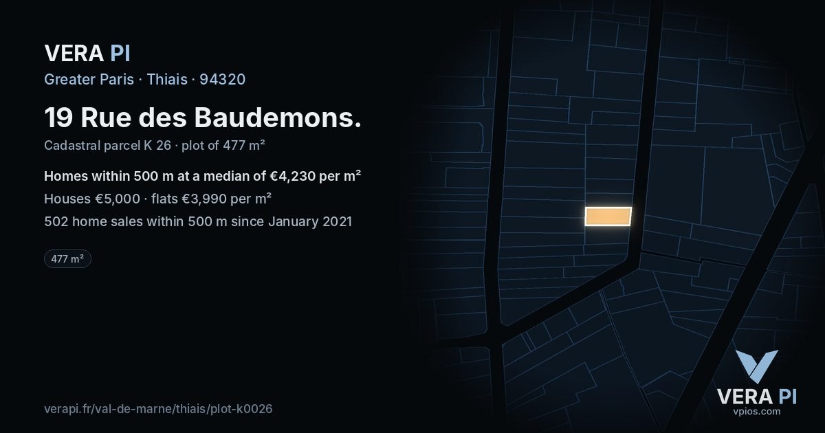 19 Rue des Baudemons, Thiais at night – the plot lit, the parcels around coloured by the prices near them