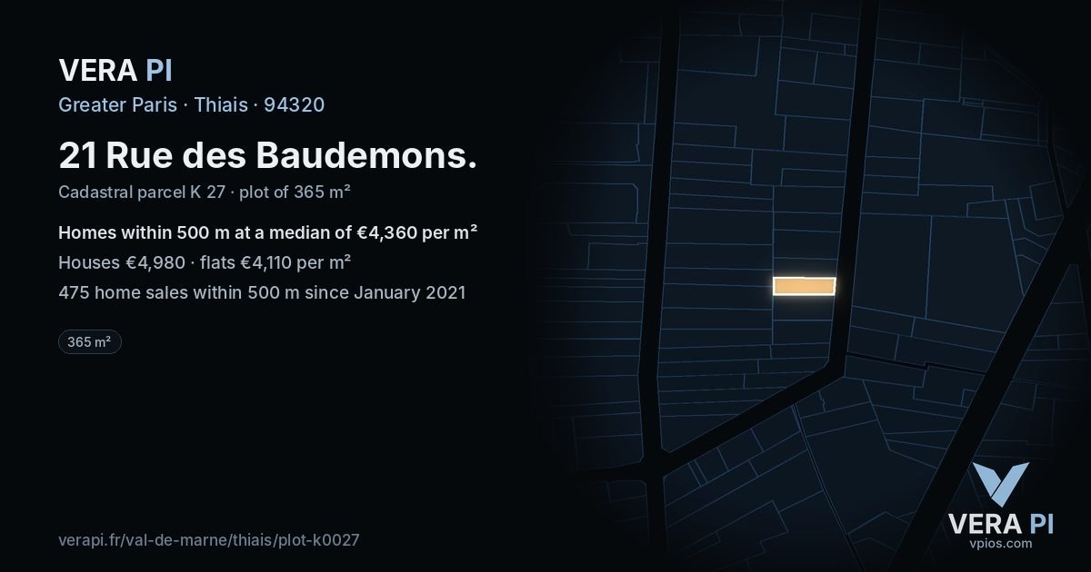 21 Rue des Baudemons, Thiais at night – the plot lit, the parcels around coloured by the prices near them