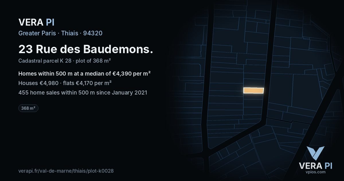 23 Rue des Baudemons, Thiais at night – the plot lit, the parcels around coloured by the prices near them