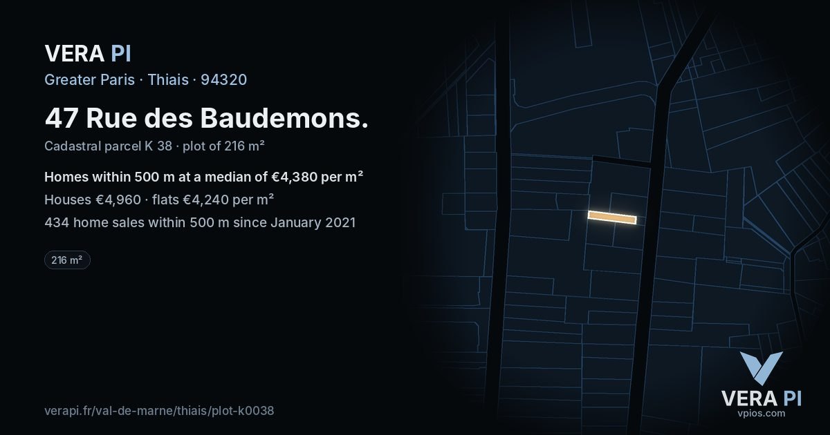 47 Rue des Baudemons, Thiais at night – the plot lit, the parcels around coloured by the prices near them