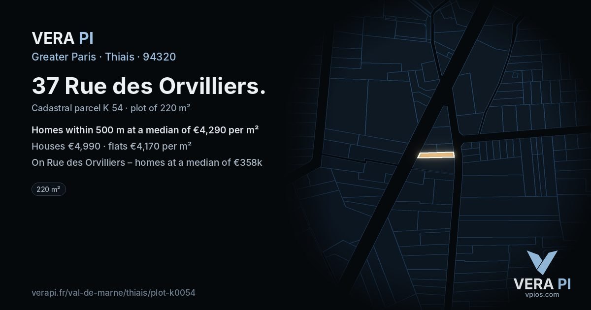 37 Rue des Orvilliers, Thiais at night – the plot lit, the parcels around coloured by the prices near them