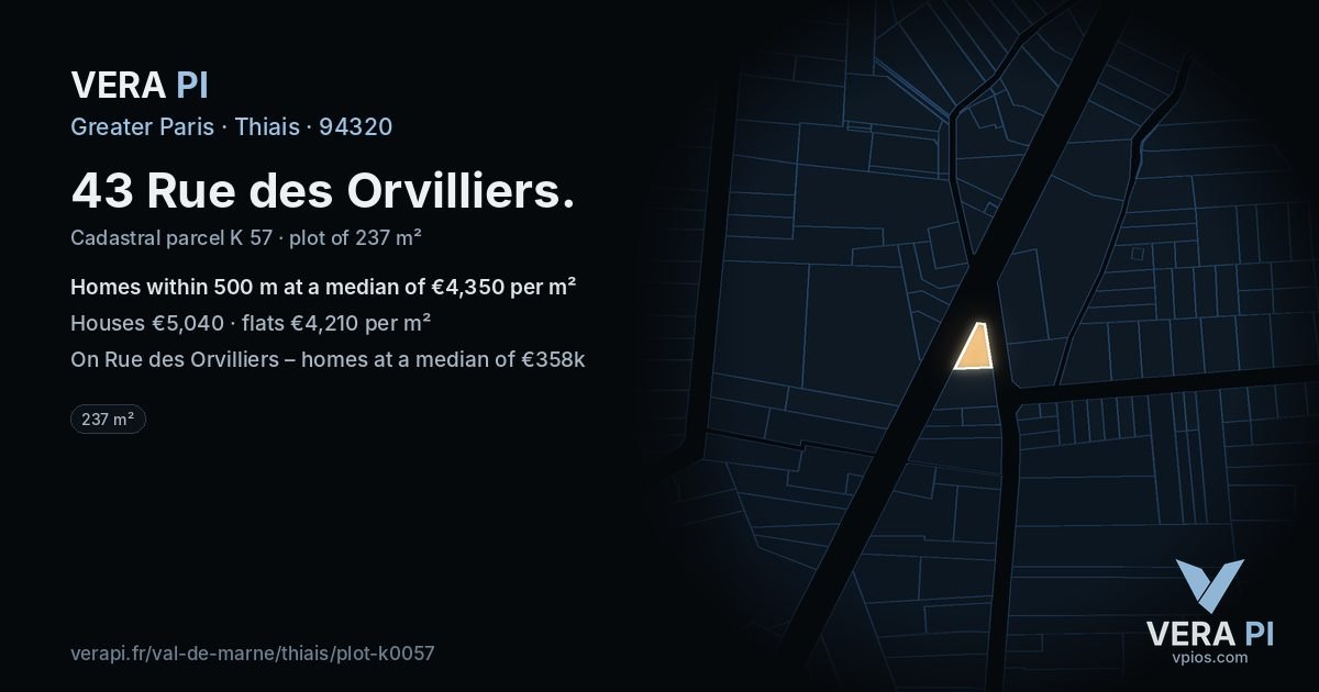 43 Rue des Orvilliers, Thiais at night – the plot lit, the parcels around coloured by the prices near them