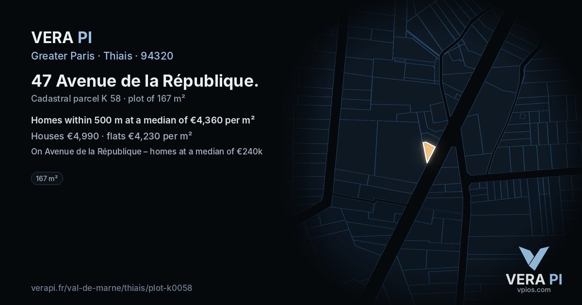 47 Avenue de la République, Thiais at night – the plot lit, the parcels around coloured by the prices near them