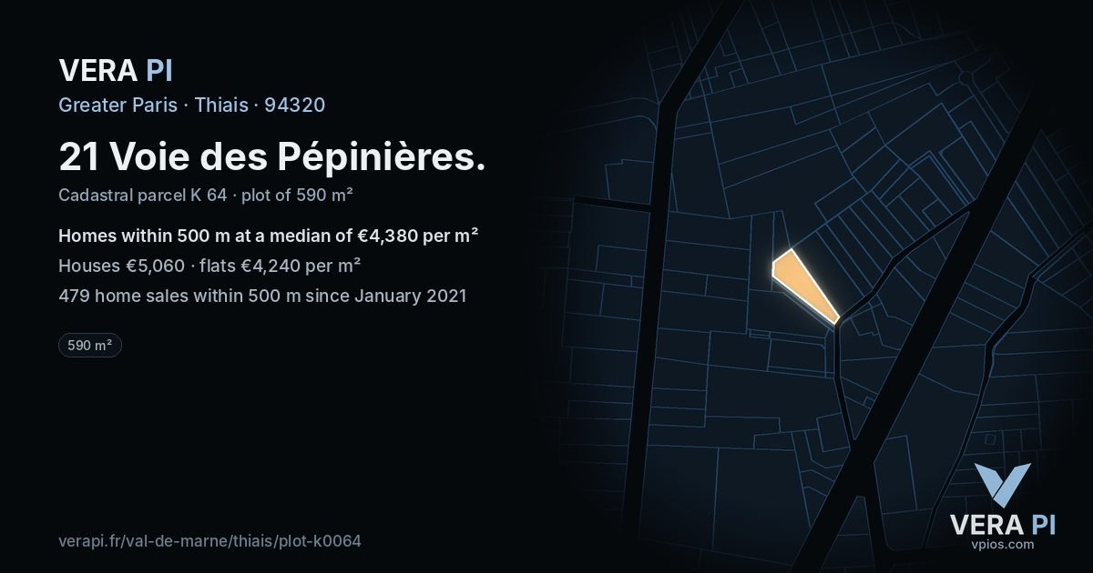 21 Voie des Pépinières, Thiais at night – the plot lit, the parcels around coloured by the prices near them