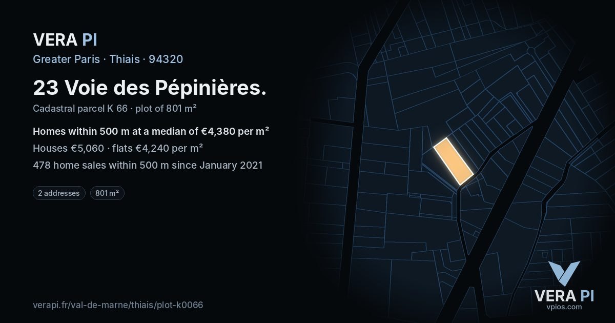 23 Voie des Pépinières, Thiais at night – the plot lit, the parcels around coloured by the prices near them