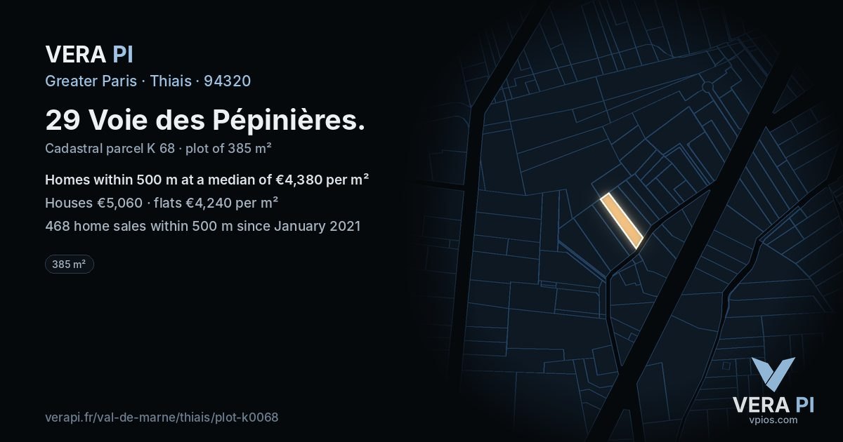 29 Voie des Pépinières, Thiais at night – the plot lit, the parcels around coloured by the prices near them