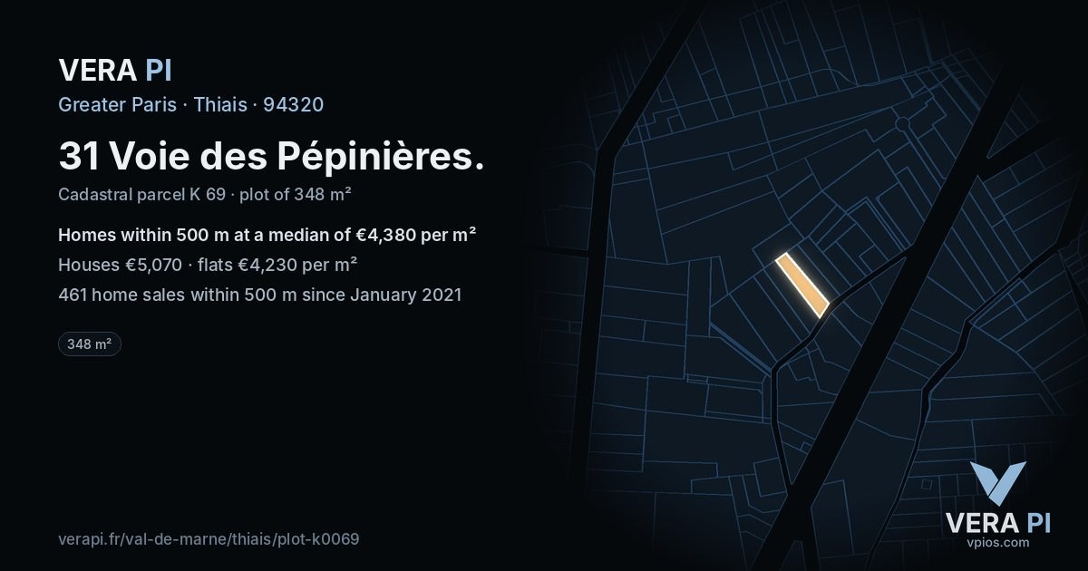 31 Voie des Pépinières, Thiais at night – the plot lit, the parcels around coloured by the prices near them