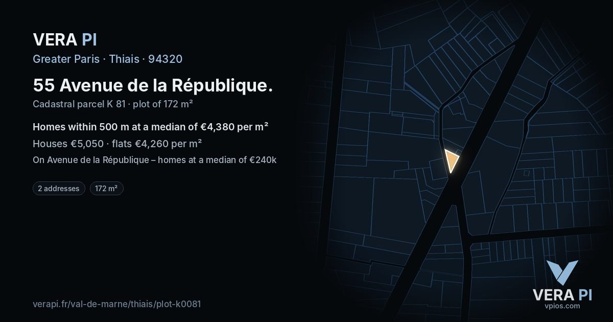 55 Avenue de la République, Thiais at night – the plot lit, the parcels around coloured by the prices near them