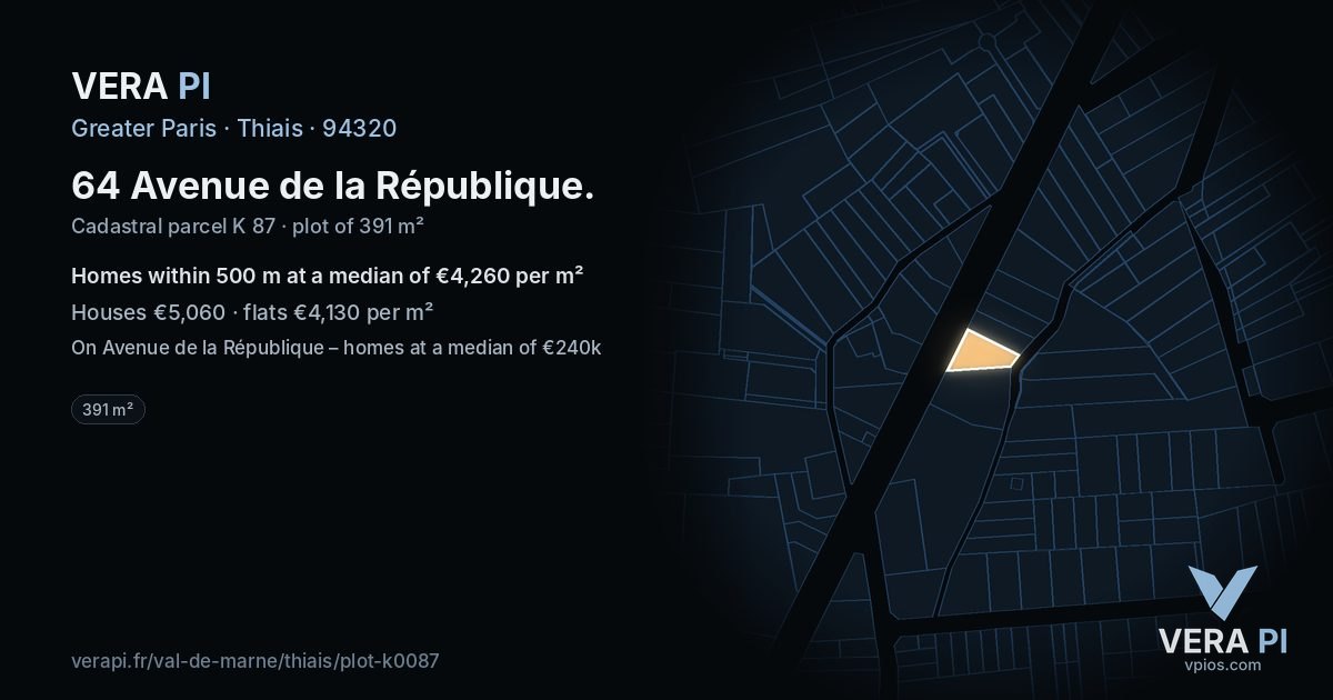 64 Avenue de la République, Thiais at night – the plot lit, the parcels around coloured by the prices near them