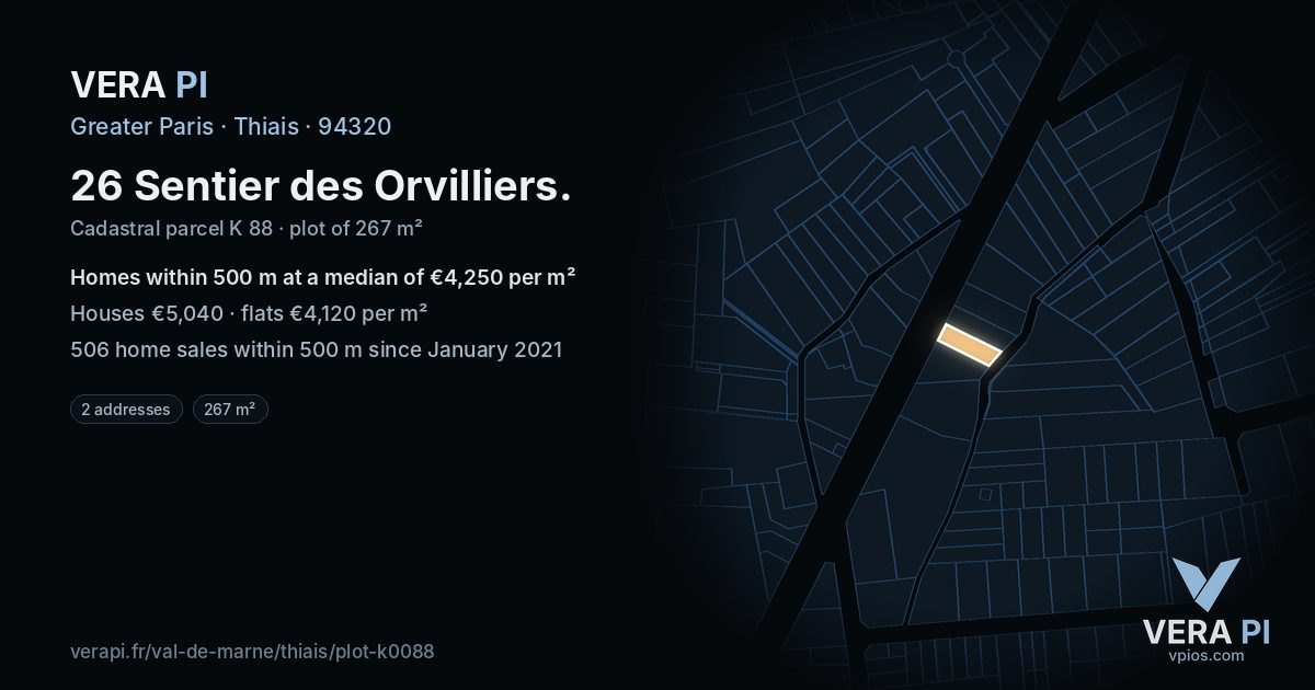 26 Sentier des Orvilliers, Thiais at night – the plot lit, the parcels around coloured by the prices near them
