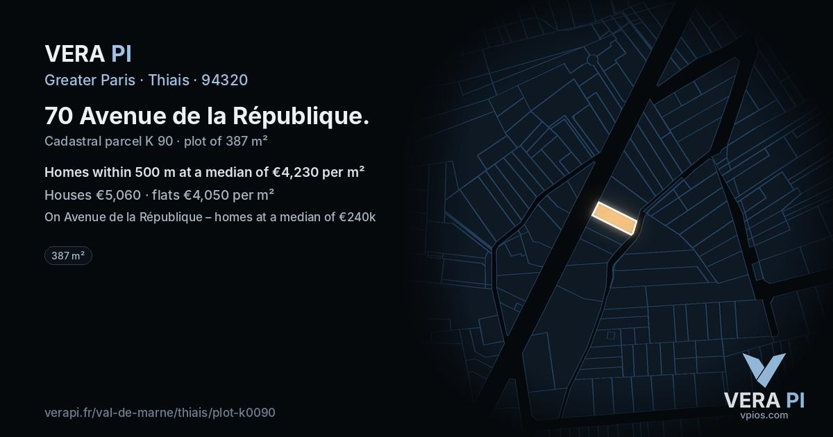 70 Avenue de la République, Thiais at night – the plot lit, the parcels around coloured by the prices near them