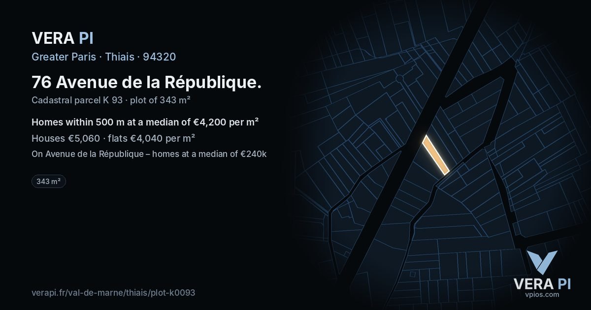 76 Avenue de la République, Thiais at night – the plot lit, the parcels around coloured by the prices near them