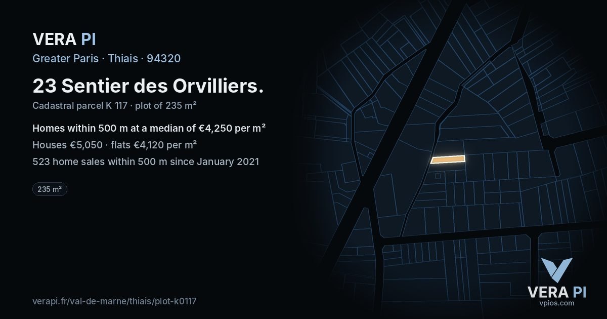 23 Sentier des Orvilliers, Thiais at night – the plot lit, the parcels around coloured by the prices near them