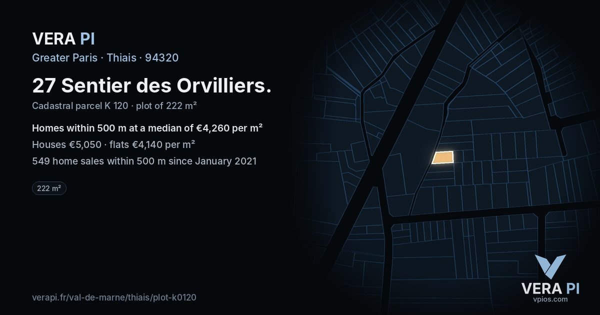 27 Sentier des Orvilliers, Thiais at night – the plot lit, the parcels around coloured by the prices near them