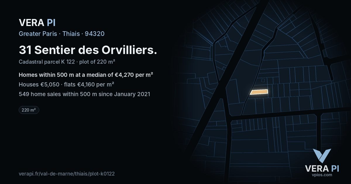 31 Sentier des Orvilliers, Thiais at night – the plot lit, the parcels around coloured by the prices near them