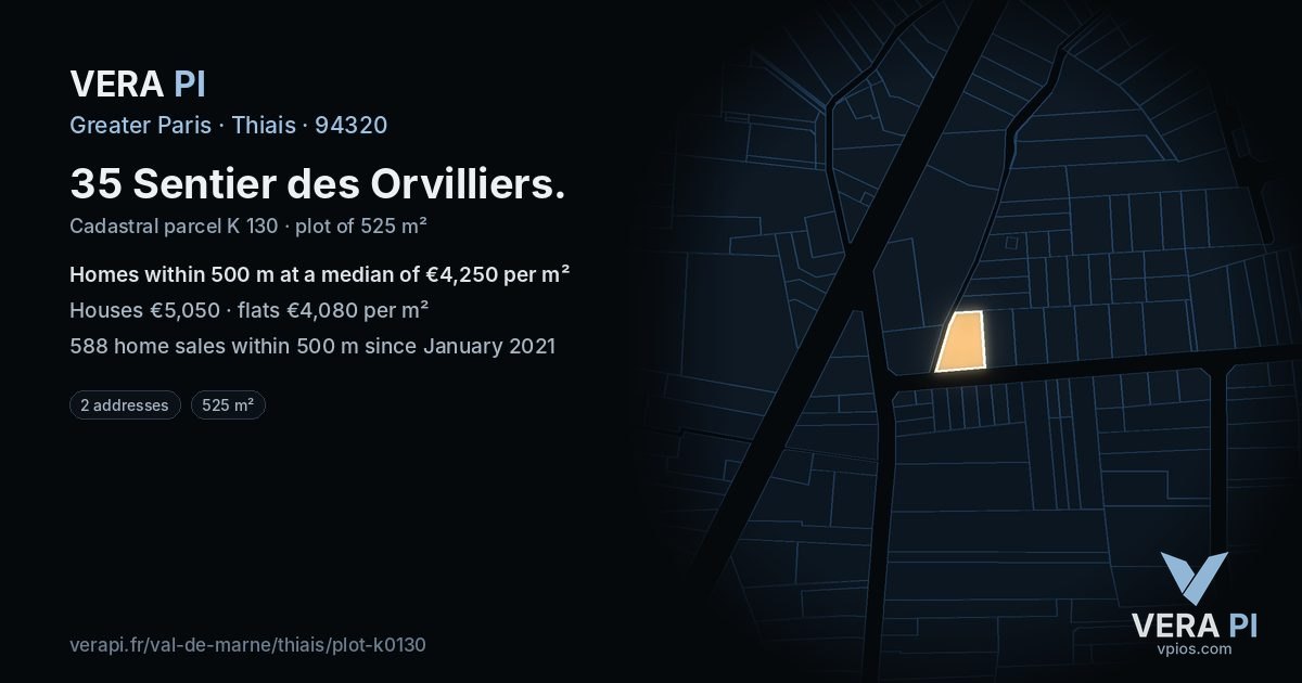 35 Sentier des Orvilliers, Thiais at night – the plot lit, the parcels around coloured by the prices near them